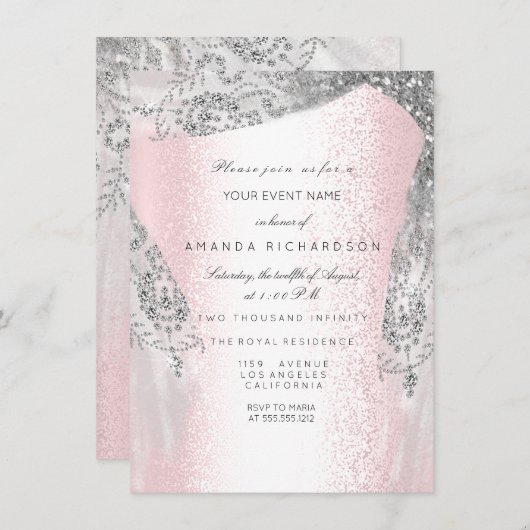 Invitation Robe de diamant gris argenté pour 16 ans rose (Devant / Derrière)