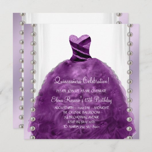 Invitation Robe de fête Perles Plum pourpre Quinceanera (Devant / Derrière)