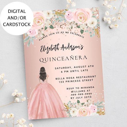 Invitation Robe de fleurs d'or rose Quinceanera