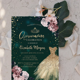 Invitation Robe de luxe en or, diamants, fleurs Quinceañera
