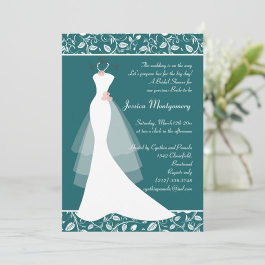 Invitation Robe de mariage blanche sur l'invitation turquoise (Debout devant)
