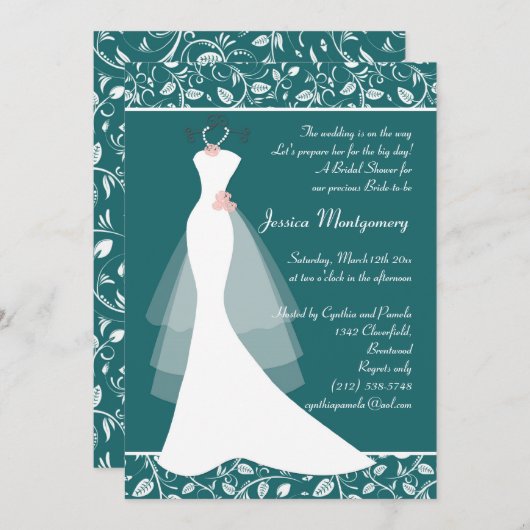 Invitation Robe de mariage blanche sur l'invitation turquoise (Devant / Derrière)