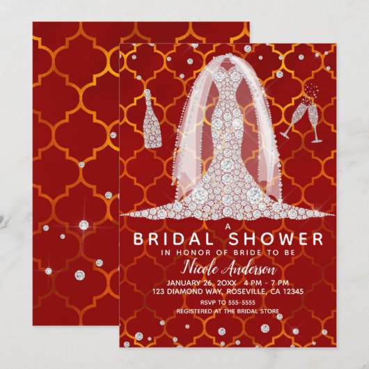 Invitation Robe de mariage diamantée rouge Inde Fête de maria (Devant / Derrière)