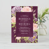 Invitation Robe de mariage prune une pièce à fleurs rose avec (Debout devant)