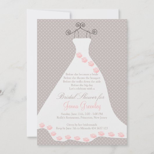 Invitation Robe de mariage, roses, pois (Devant)