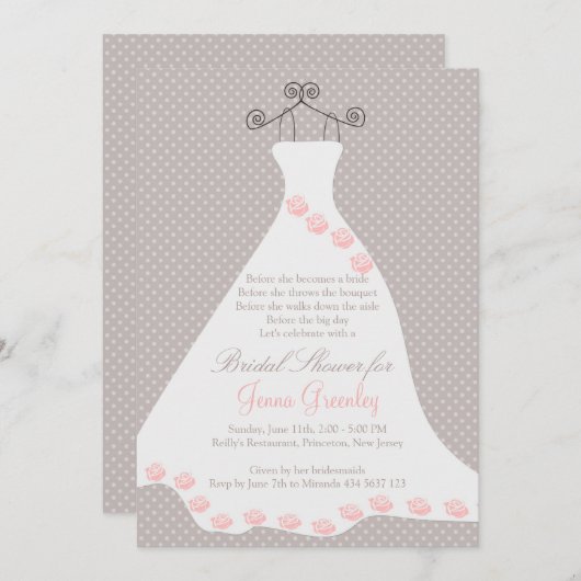 Invitation Robe de mariage, roses, pois (Devant / Derrière)