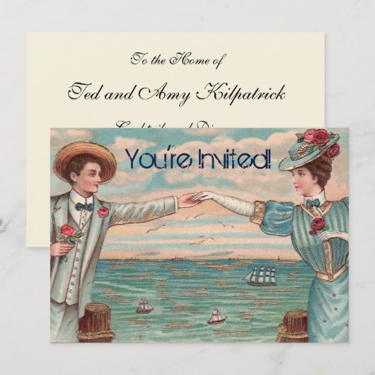 Invitation Robe de mariage victorien plage océan couple éléga (Devant / Derrière)