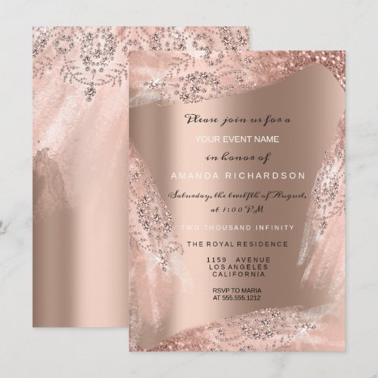 Invitation Robe de mariée 16 ans rose or pailletée (Devant / Derrière)