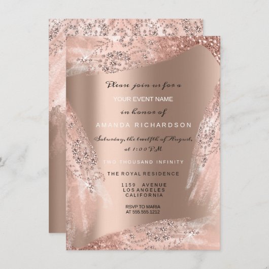 Invitation Robe de mariée 16e douce rose gold pailletée (Devant / Derrière)