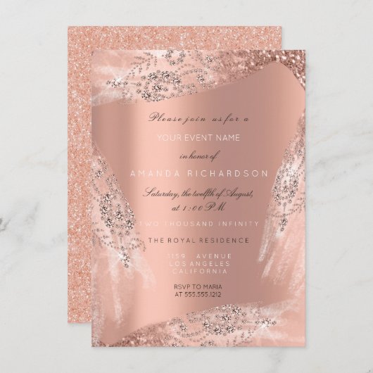 Invitation Robe de mariée 16e Rose pêche Diamant Pailleté (Devant / Derrière)