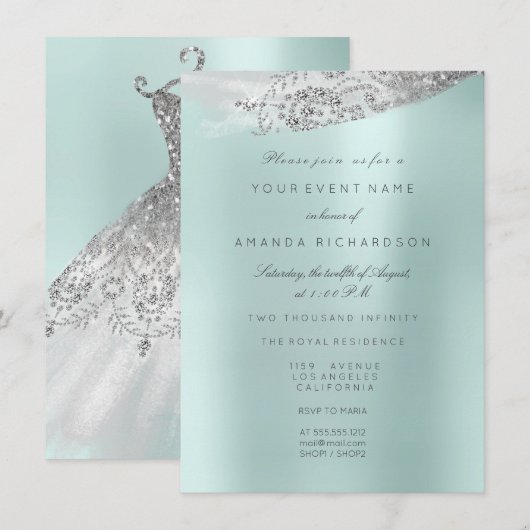 Invitation Robe de mariée blanche douce 16ème Aqua Bleu (Devant / Derrière)