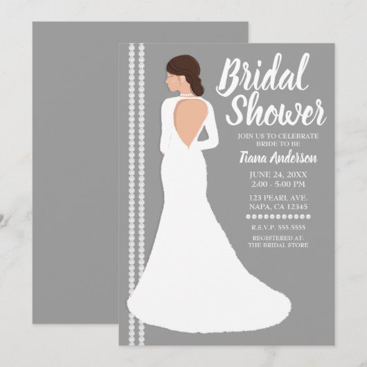 Invitation Robe de mariée blanche moderne bling douche de mar (Devant / Derrière)