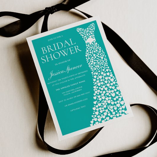 Invitation Robe de Mariée Blanche Sarcelle Bordure Shower de