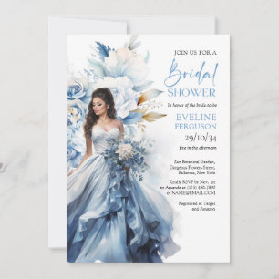 Invitation Robe de mariée bohème aquarelle bleu marine et bla