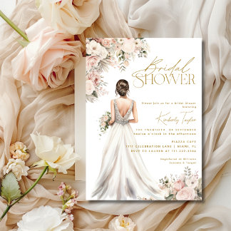 Invitation Robe de mariée Brunette Floral Shower de mariage