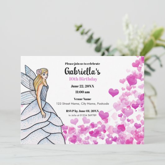 Invitation Robe de mariée de princesse fée mode cœurs roses (Debout devant)