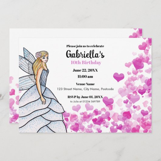 Invitation Robe de mariée de princesse fée mode cœurs roses (Devant / Derrière)