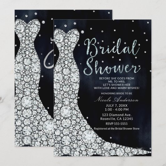 Invitation Robe de mariée diamant moderne bleu douche de mari (Devant / Derrière)