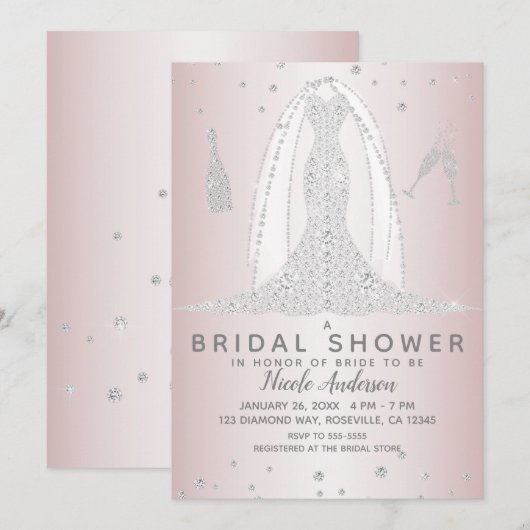 Invitation Robe de Mariée Diamant Rose Blush Lavage de Bride (Devant / Derrière)