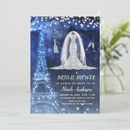 Invitation Robe de mariée diamantée nuit de Paris douche de m (Debout devant)