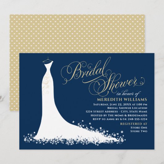 Invitation Robe de mariée élégante marine et or Shower de mar (Devant / Derrière)