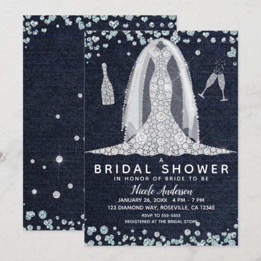 Invitation Robe de mariée en denim et diamants Shower Glam (Devant / Derrière)