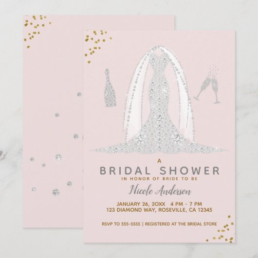 Invitation Robe de mariée en diamant rose et or pour la soiré (Devant / Derrière)