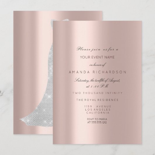 Invitation Robe de mariée étincelante rose pastel rose diaman (Devant / Derrière)