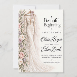 Invitation Robe de Mariée Florale Rose Save the Date