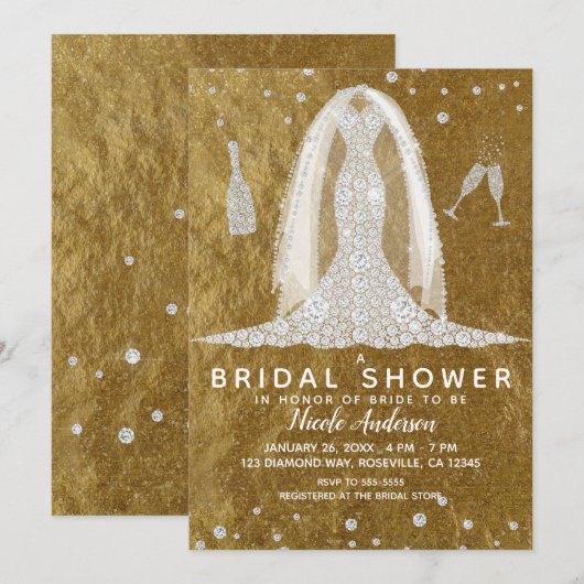 Invitation Robe de Mariée Glam Diamantée Dorée pour Mariage (Devant / Derrière)
