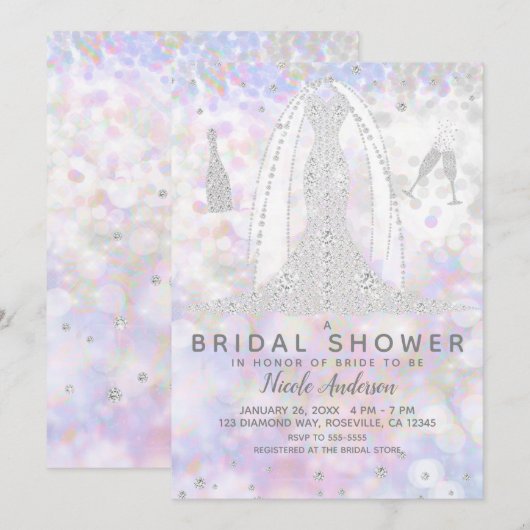 Invitation Robe de Mariée Iridescente à Diamants Shower de Ma (Devant / Derrière)