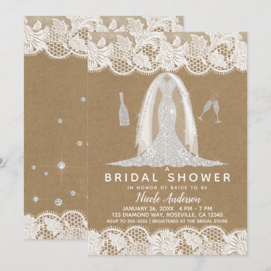 Invitation Robe de mariée Kraft & Lace Diamond Shower de mari (Devant / Derrière)