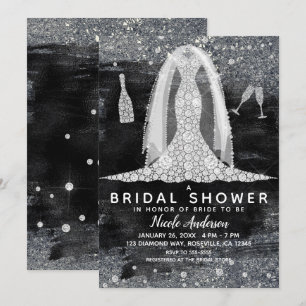 Invitation Robe de mariée noire argentée diamant Shower de ma