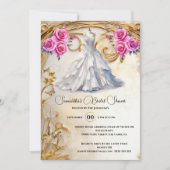 Invitation Robe de mariée rose roses fleurs luxueuses (Devant)