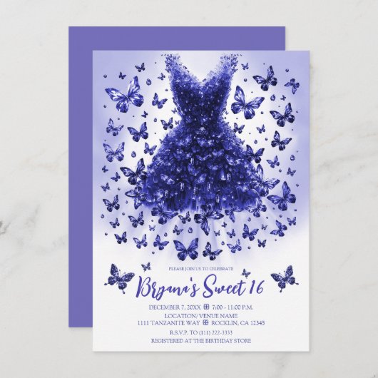 Invitation Robe de papillon tanzanite Décembre Pierre d'naiss (Devant / Derrière)