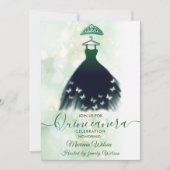 Invitation Robe de papillon vert bokeh moderne tiara Quince (Devant)