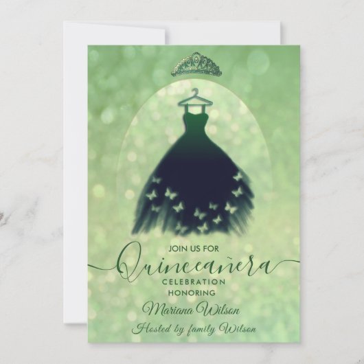 Invitation Robe de papillon vert bokeh moderne tiara Quince (Devant)