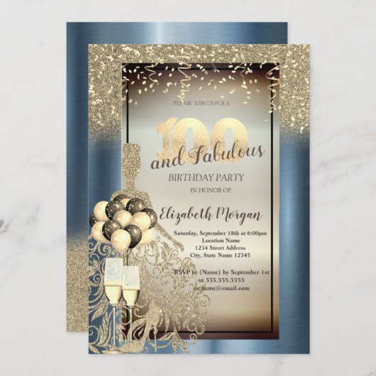 Invitation Robe de parties scintillant, Ballons, Métal Bleu 1 (Devant / Derrière)