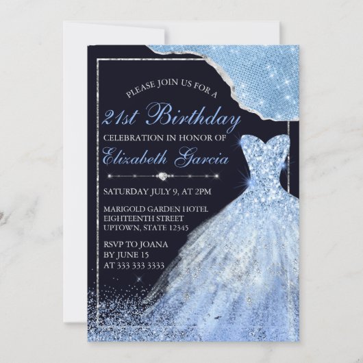 Invitation Robe de Parties scintillant bleu clair et bordure  (Devant)