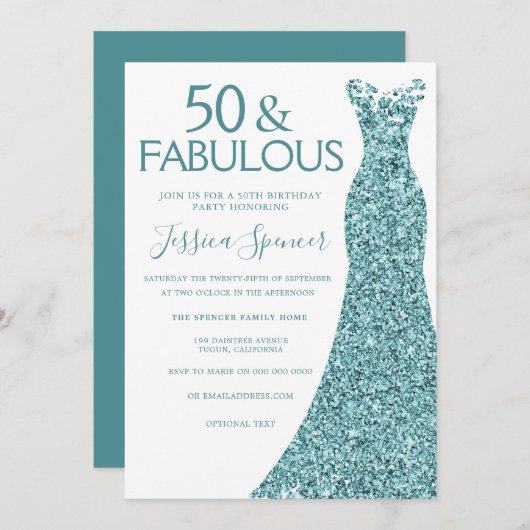 Invitation Robe de Parties scintillant bleu turquoise 50e fêt (Devant / Derrière)