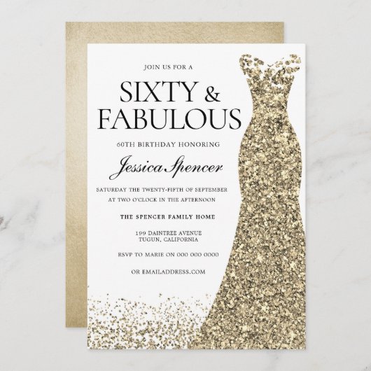 Invitation Robe de Parties scintillant d'or femmes 60e fête d (Devant / Derrière)