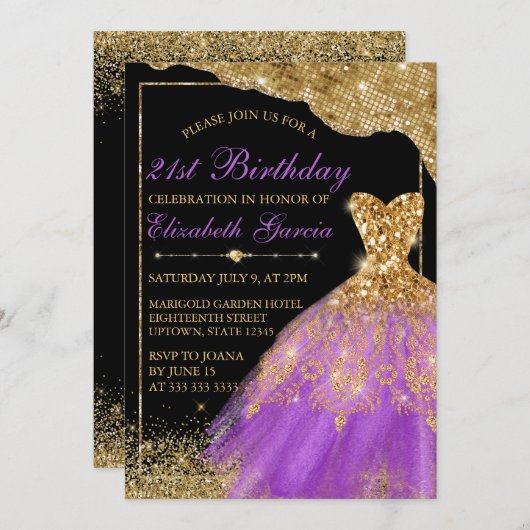 Invitation Robe de Parties scintillant dorée et violette 21e  (Devant / Derrière)