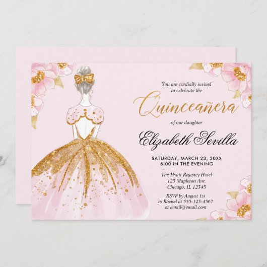 Invitation Robe de parties scintillant en or rose Quinceanera (Devant / Derrière)