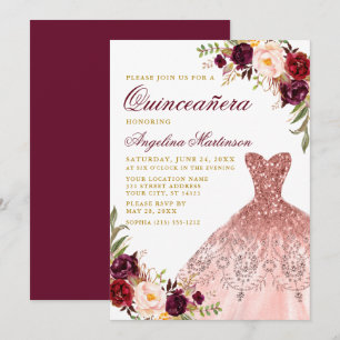 Invitation Robe de Parties scintillant Florale Bourgogne Or Q
