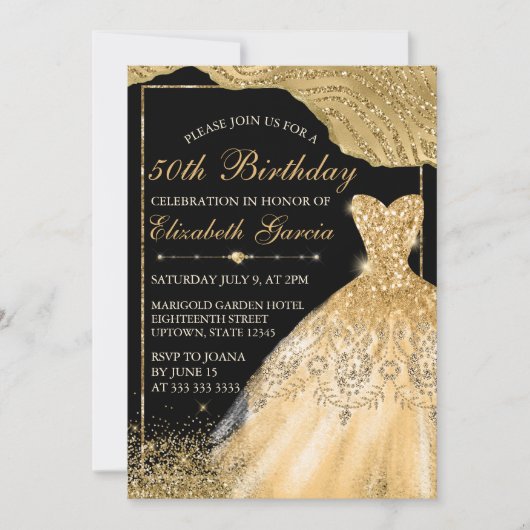 Invitation Robe de Parties scintillant Gold Faux & Bordure Gl (Devant)