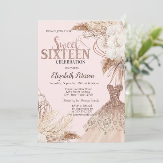 Invitation Robe de parties scintillant, Pampas Grass, Fleurs (Debout devant)