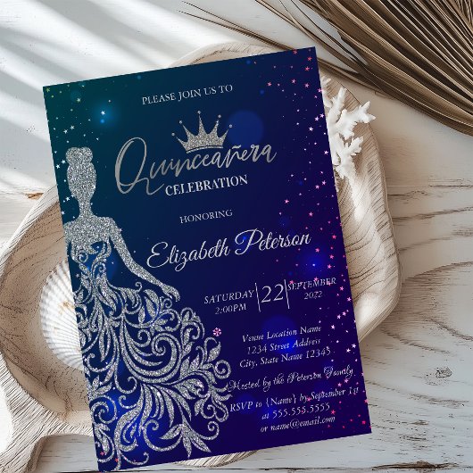 Invitation Robe de parties scintillant, Tiara, Étoiles Bleues
