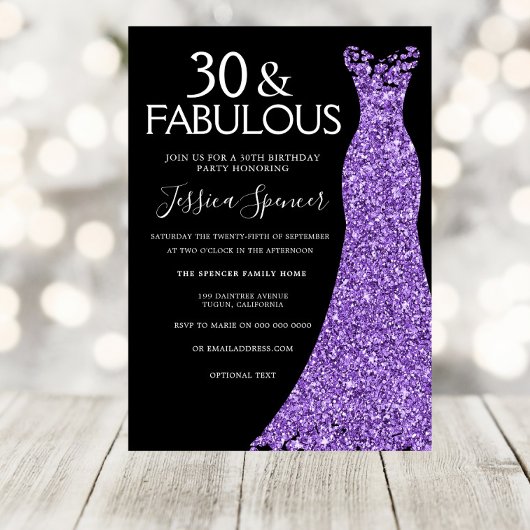 Invitation Robe de Parties scintillant violet Noir 30e fête d