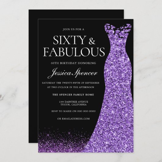 Invitation Robe de Parties scintillant violette Gown 60e fête (Devant / Derrière)