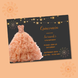Invitation Robe de pêche Quinceanera noire sous lumières